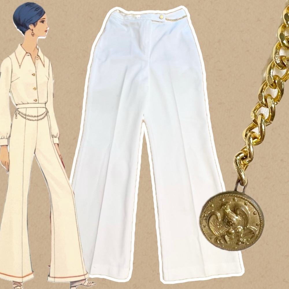 VINTAGE 60s 70s white trouser pants wide leg high waist gold chain coin belt
